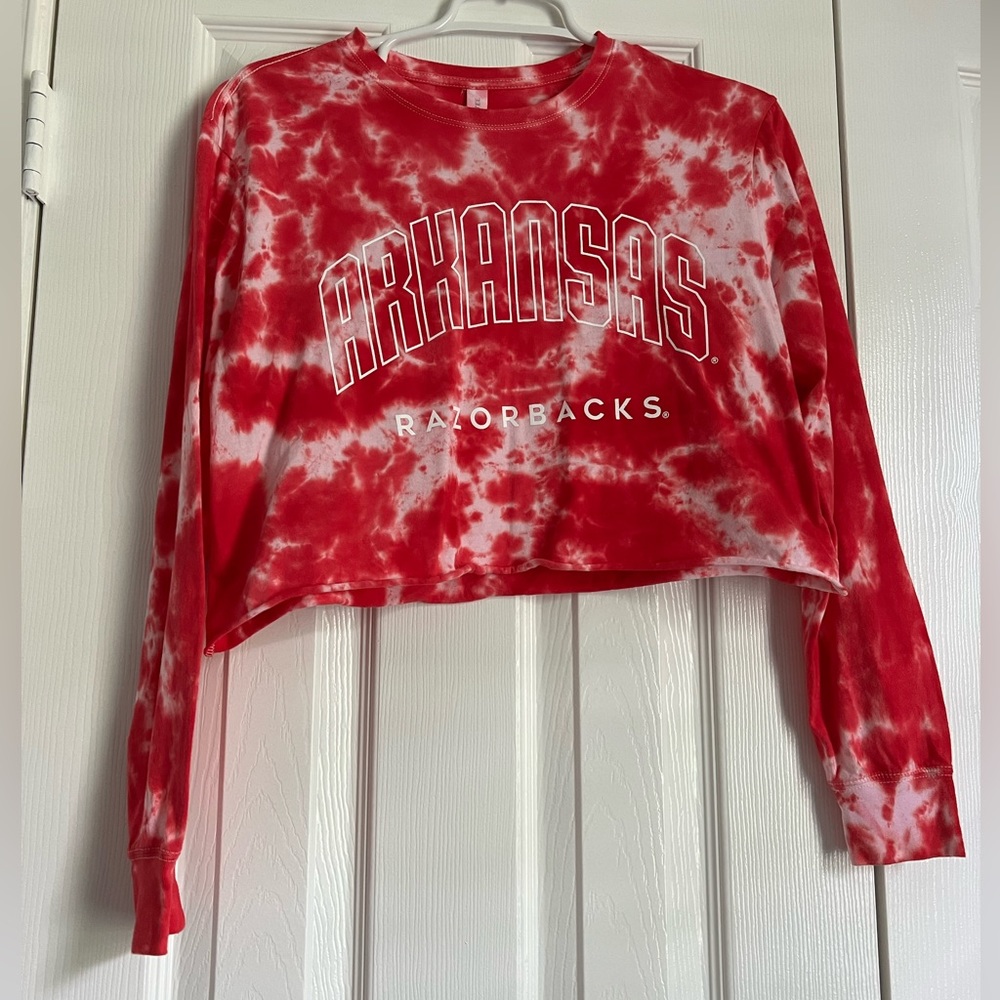 Small Livy Lu Arkansas Razorback Tie Dye Long sleeve Crop Top Red and White
